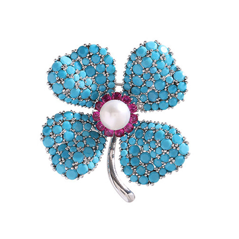 Blue Turquoise Clover Brooch PA5178 - view 3
