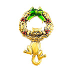 Hanging Cat On Christmas Wreath Brooch PA5251
