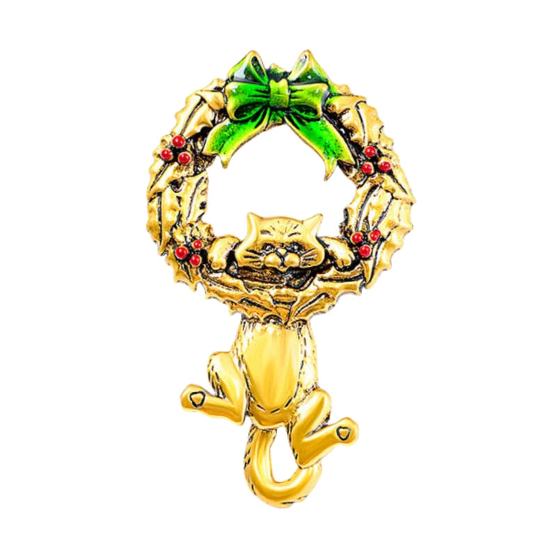 Hanging Cat On Christmas Wreath Brooch PA5251
