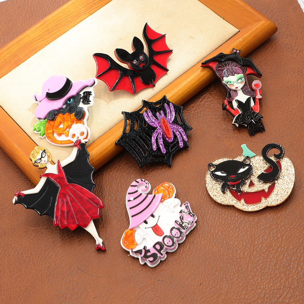 Pumpkin With Black Kitten Acrylic Brooch PA5346