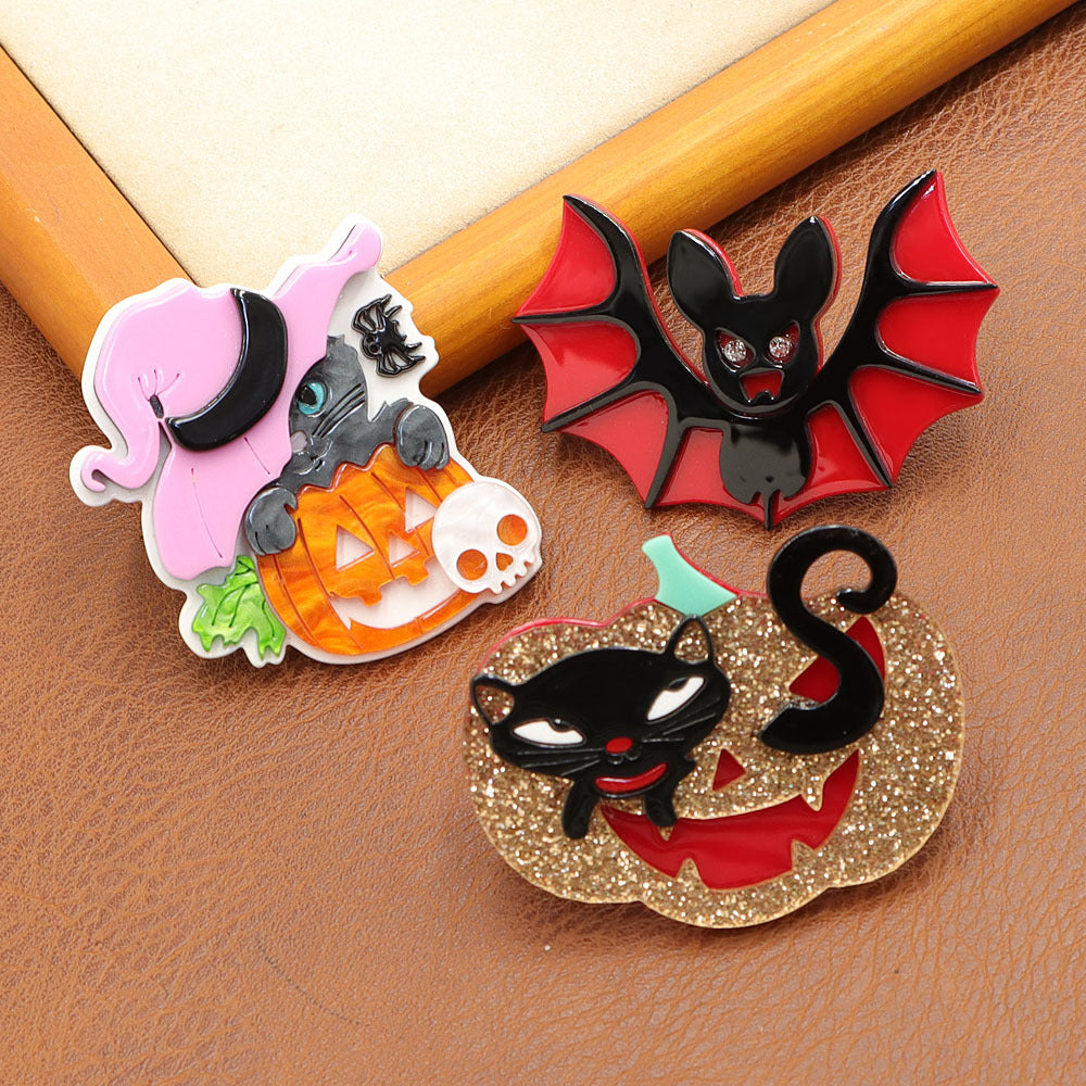 Pumpkin With Black Kitten Acrylic Brooch PA5346