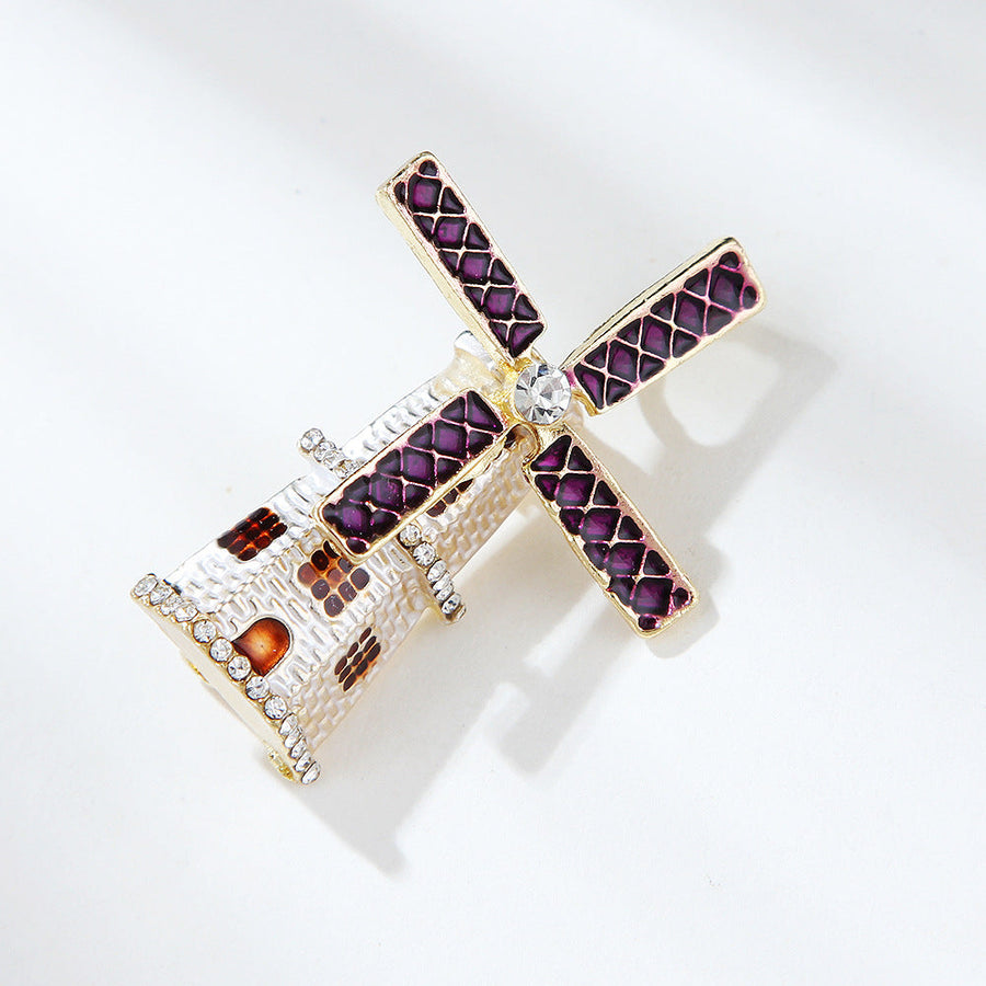 Enamel Lighthouse Windmill Rhinestone Brooch PA5401