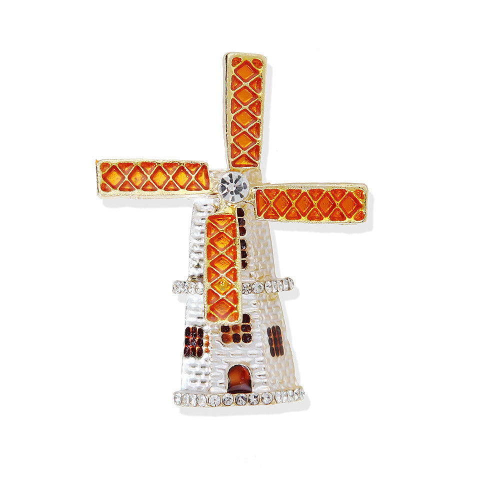 Enamel Lighthouse Windmill Rhinestone Brooch PA5401
