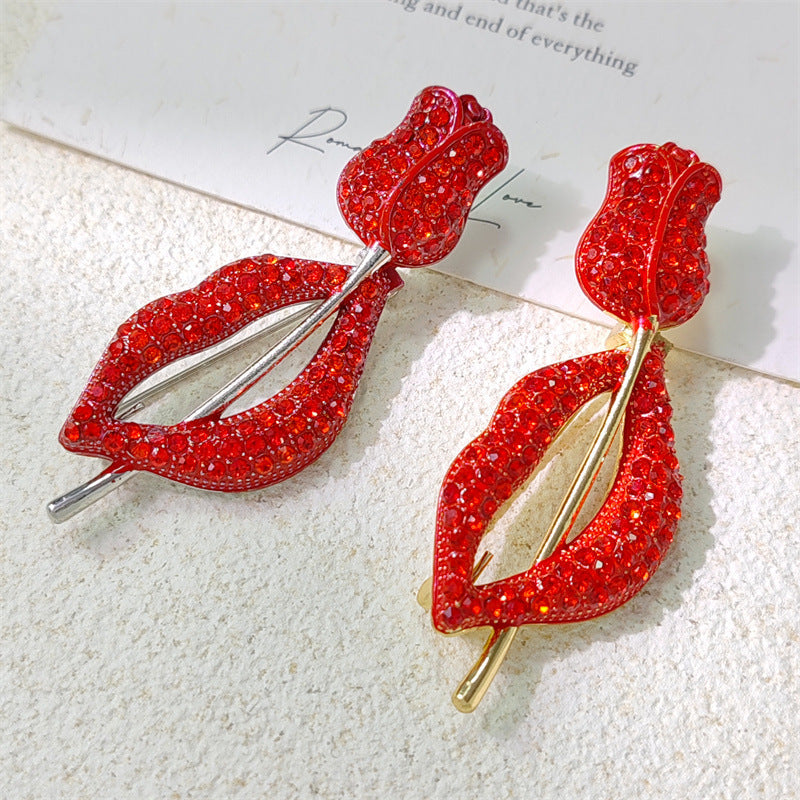 Red Lipped And Rose Rhinestone-Embellished Alloy Brooch PA5504 - view 2