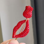Red Lipped And Rose Rhinestone-Embellished Alloy Brooch PA5504 - view 3