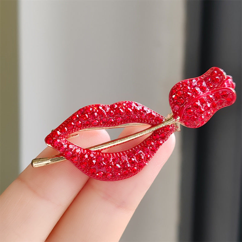 Red Lipped And Rose Rhinestone-Embellished Alloy Brooch PA5504 - view 4