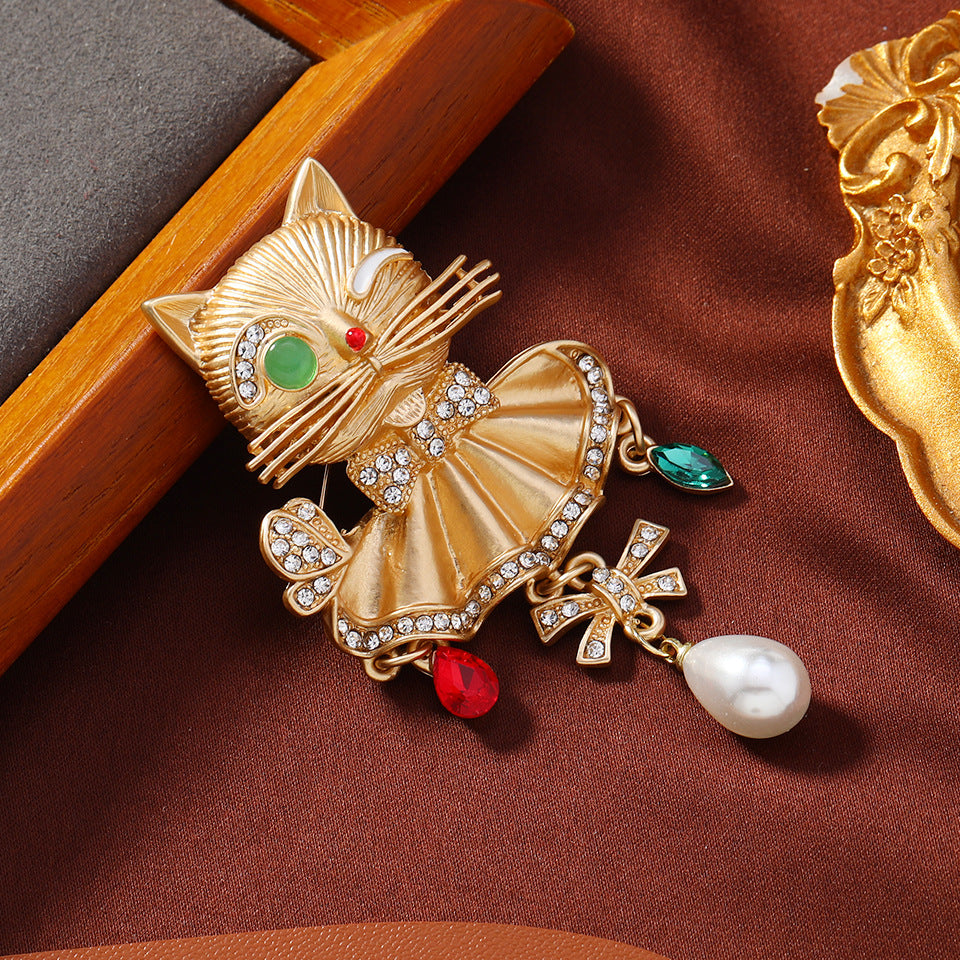 Alloy Crystal Pearl Cat Brooch PA5540