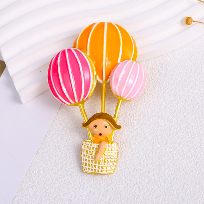 Hot Air Blloon and Girl  Alloy Rhinestone Brooch PA5544