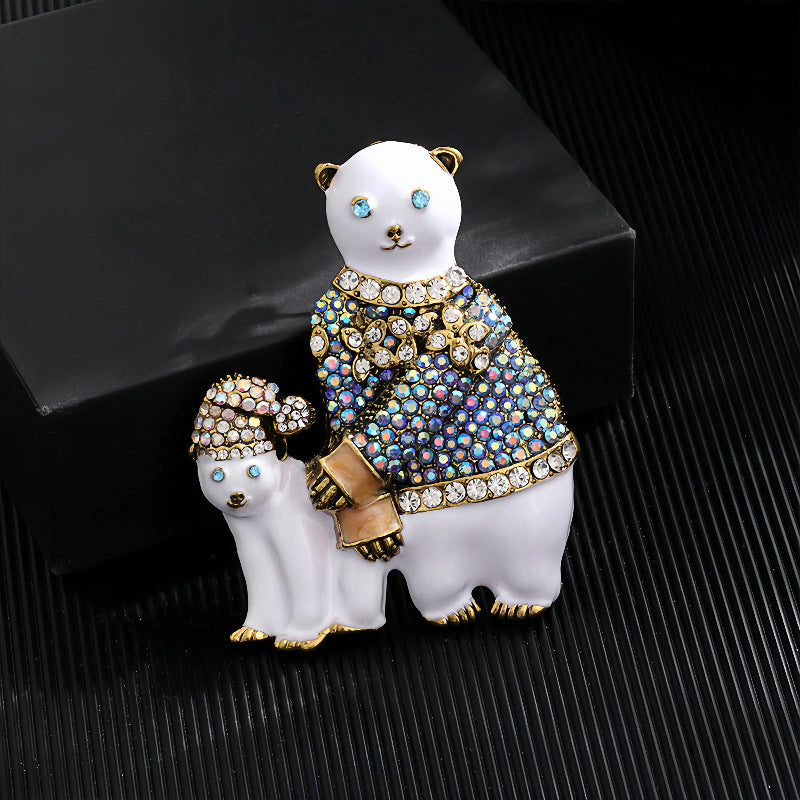 Mother And Calf Polar Bears Alloy Rhinestone Brooch PA5908