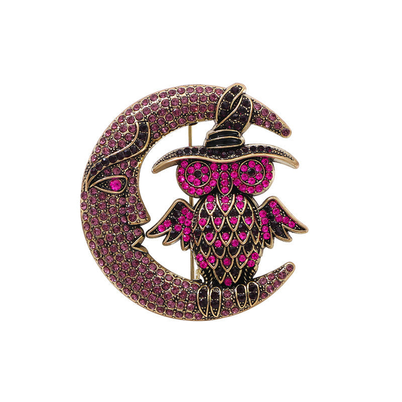 Owl and Moon Alloy Rhinestone Brooch PA5916 - view 2