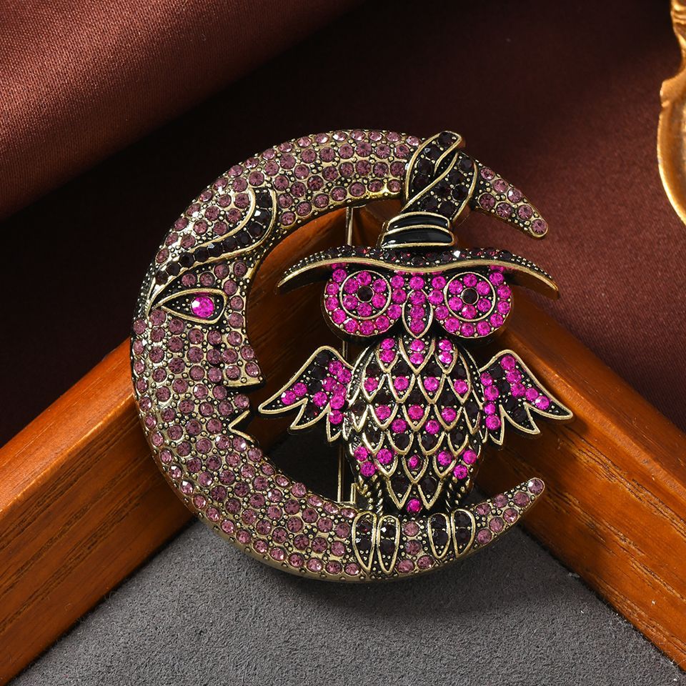 Owl and Moon Alloy Rhinestone Brooch PA5916