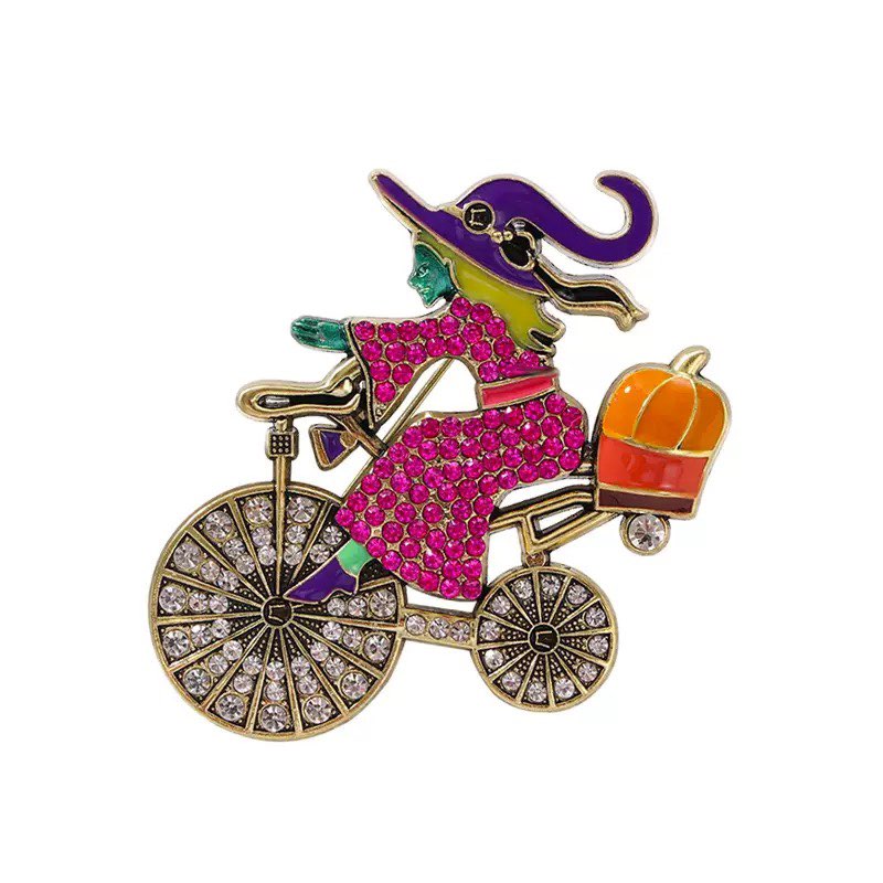 Witch Riding Bicycle Alloy Rhinestone Brooch PA5956