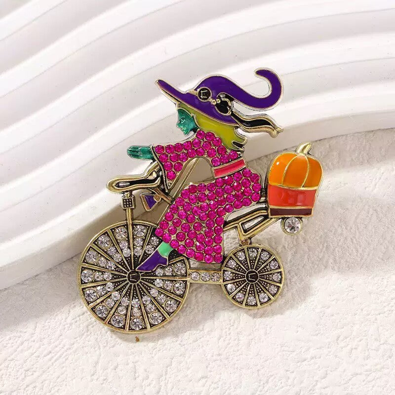 Witch Riding Bicycle Alloy Rhinestone Brooch PA5956