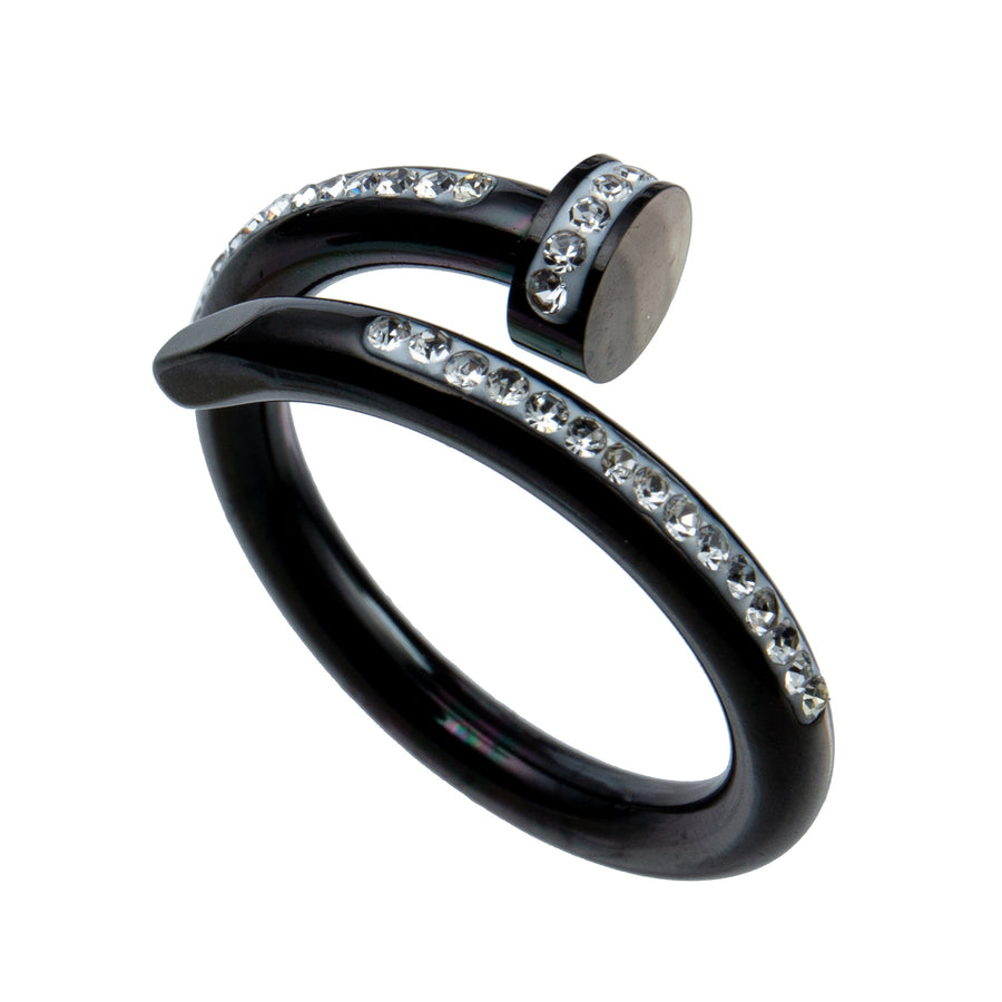 Nail Rhinestone Stainless Steel Ring R2071-Black