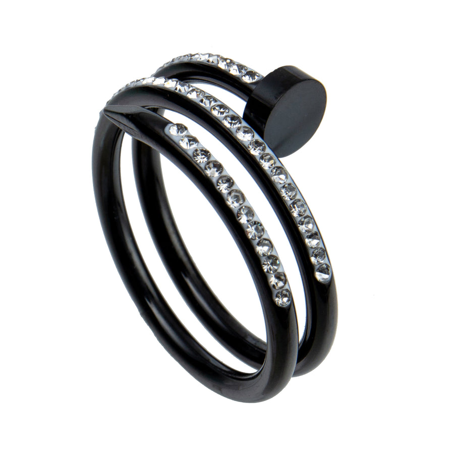 Nail Three Laps Rhinestone Stainless Steel Ring R2142-Black