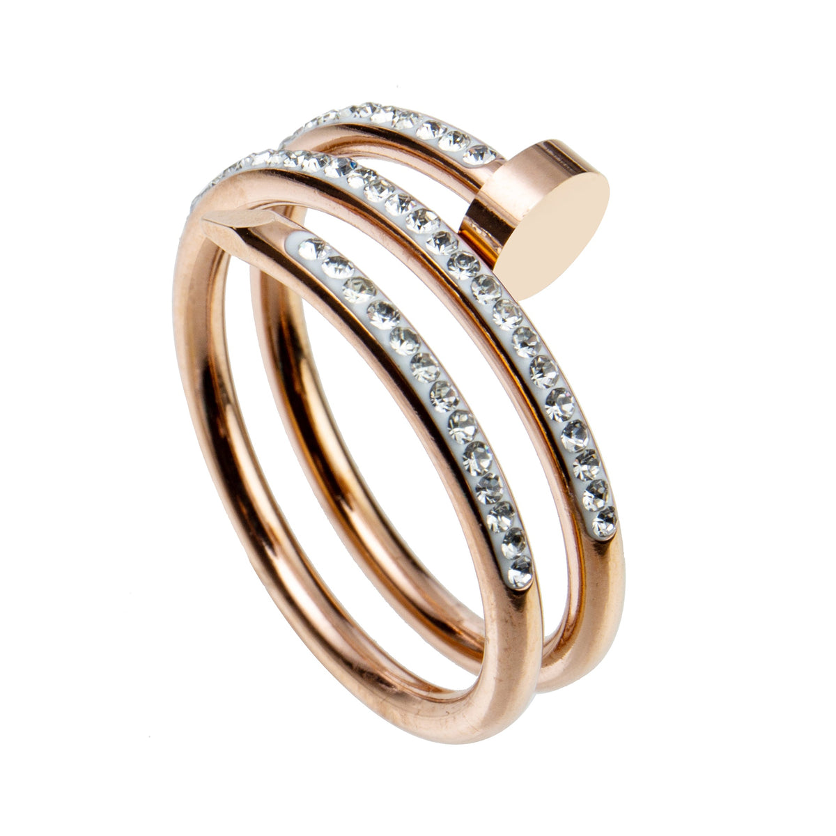 Nail Three Laps Rhinestone Stainless Steel Ring R2142-RG