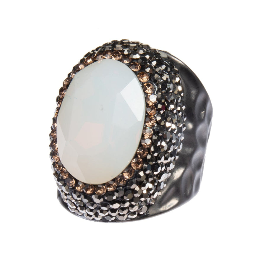 Round Crystal Pavé Cocktail Ring R2531 - White Opal