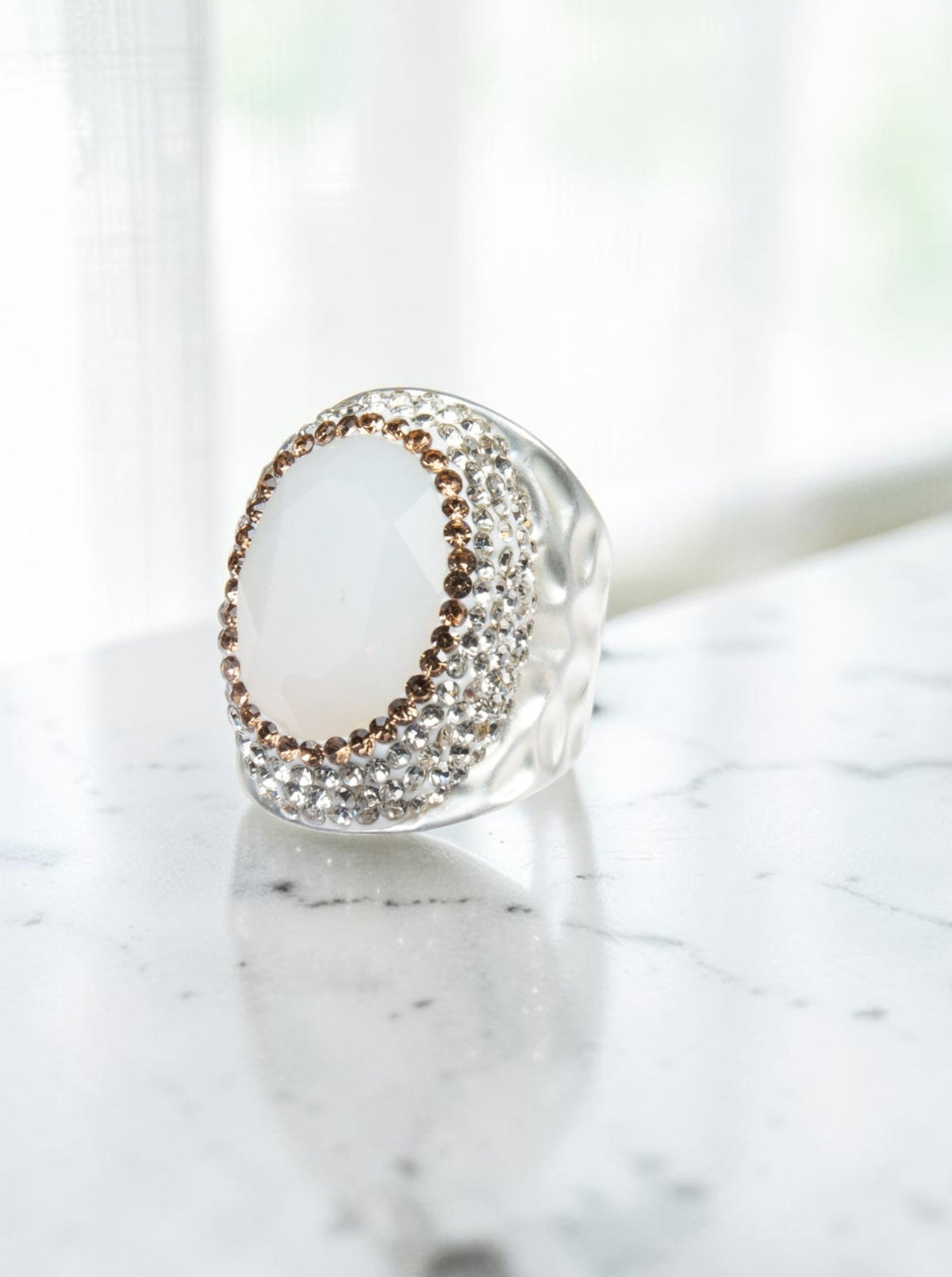 Round Crystal Pavé Cocktail Ring R2531 - White Opal