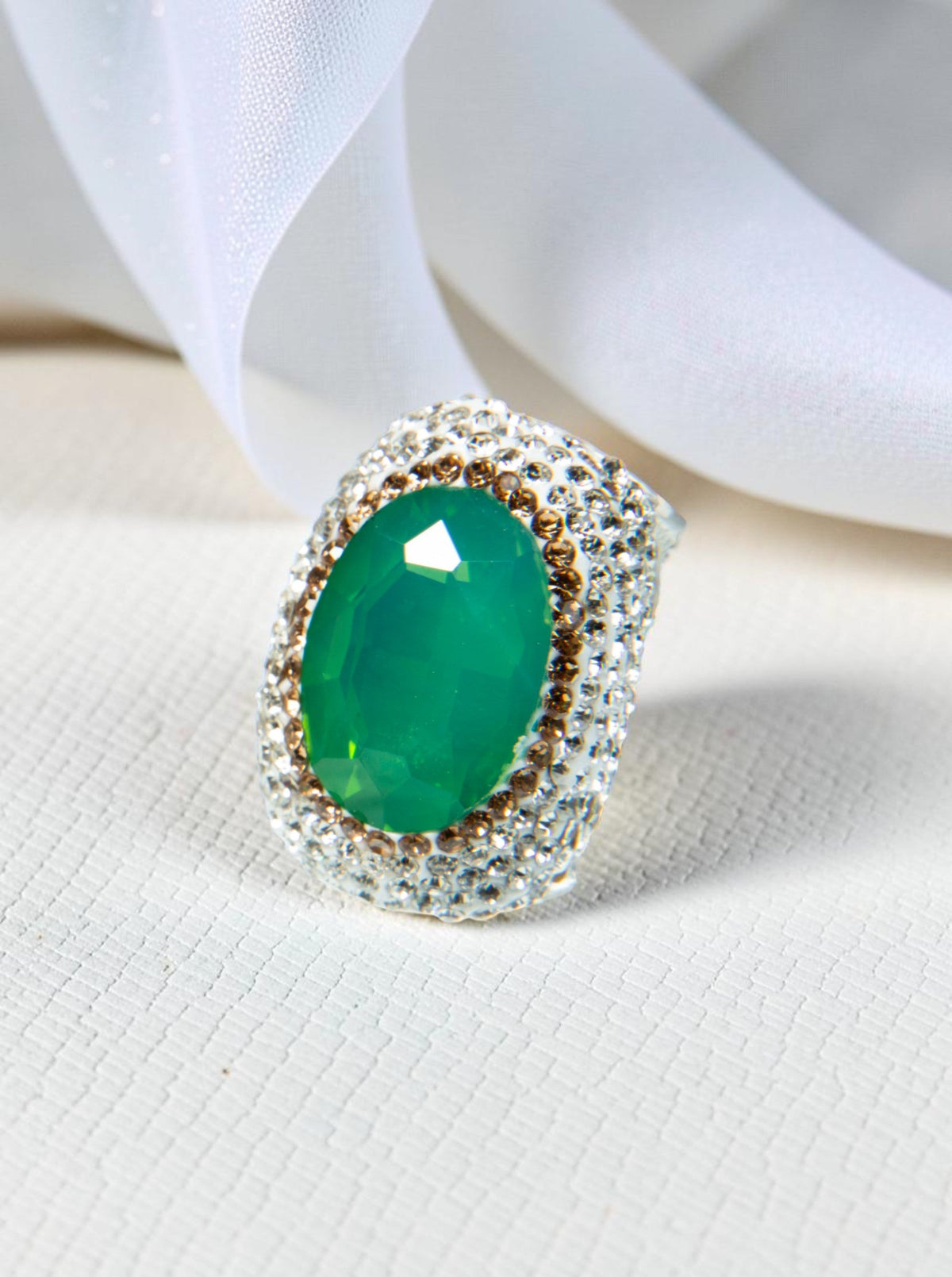 Round Crystal Pavé Cocktail Ring R2531 - Green Opal - view 2