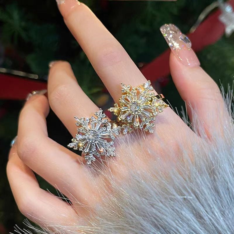 Rotating Double-layer Snowflakes Cubic Zirconia Flower Ring R2673 - view 3