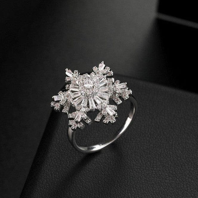 Rotating Double-layer Snowflakes Cubic Zirconia Flower Ring R2673 - view 2