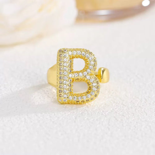 18K Gold Plated Alphabet Cubic Zirconia Ring R2744 - letter B