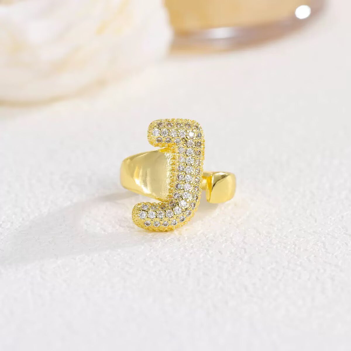 18K Gold Plated Alphabet Cubic Zirconia Ring R2744 - letter J