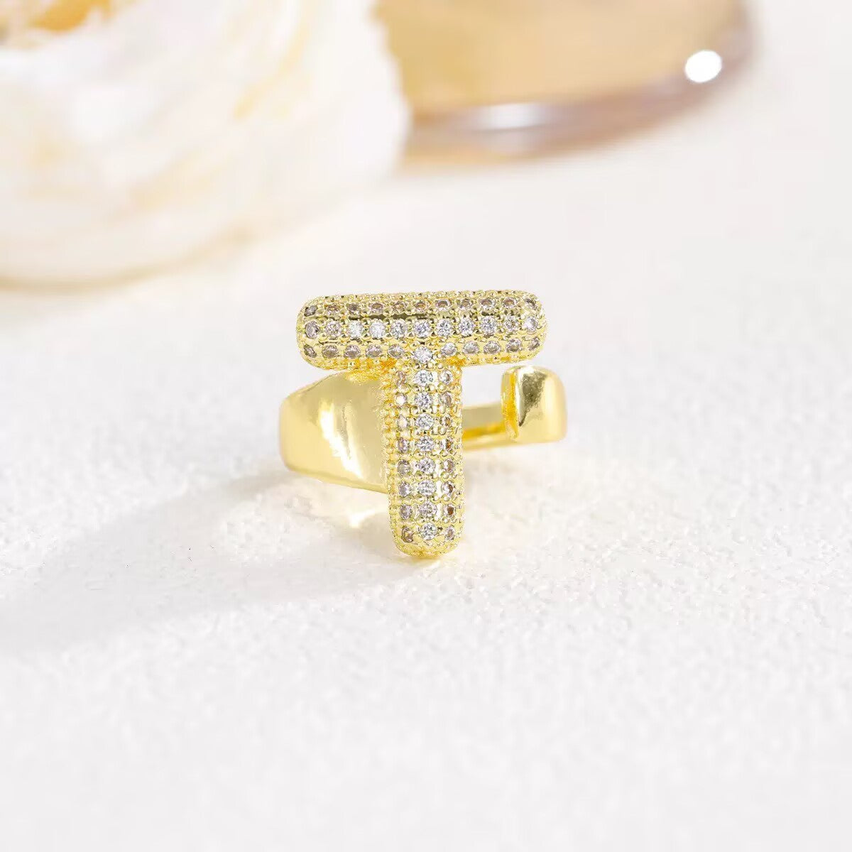 18K Gold Plated Alphabet Cubic Zirconia Ring R2744 - letter T