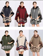 Fur Collar Check Hooded Cape S0139