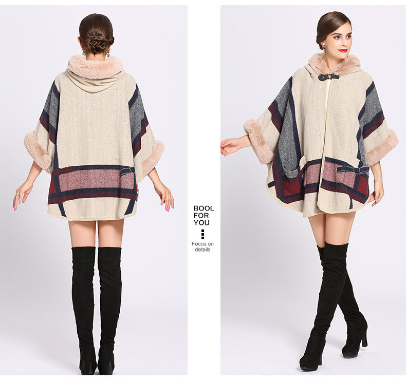 Fur Collar Check Hooded Cape S0139