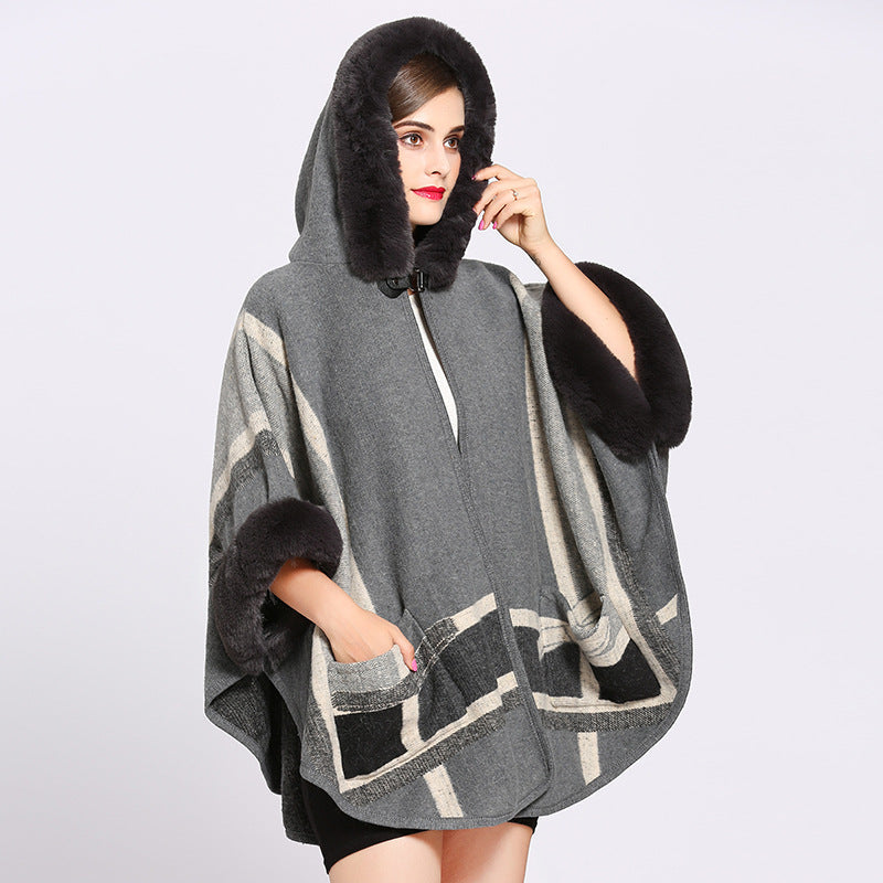 Fur Collar Check Hooded Cape S0139