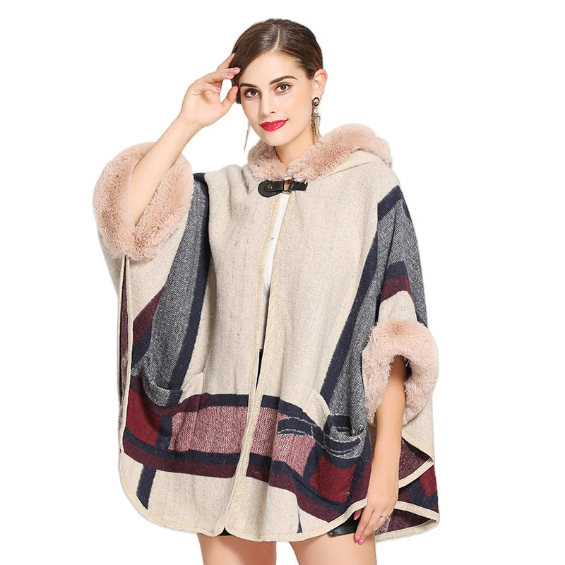 Fur Collar Check Hooded Cape S0139