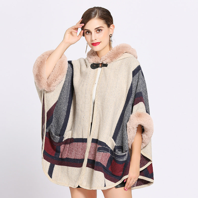 Fur Collar Check Hooded Cape S0139