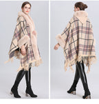 Fur Collar Check Hooded Cape S0140