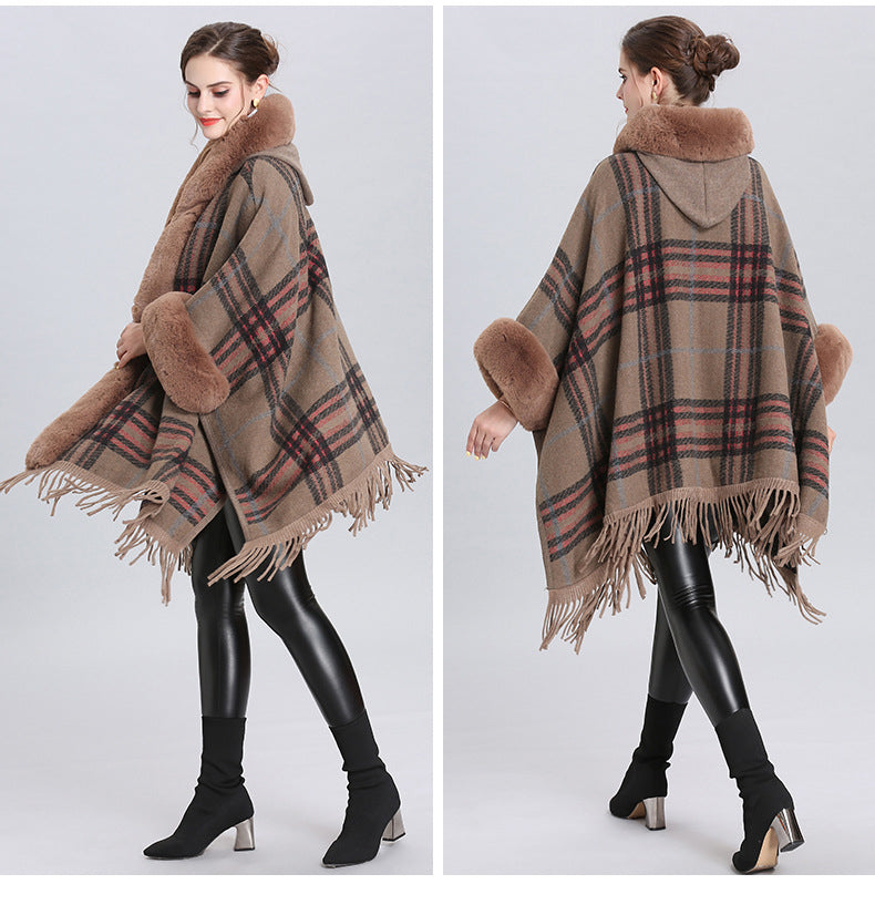 Fur Collar Check Hooded Cape S0140
