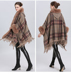 Fur Collar Check Hooded Cape S0140