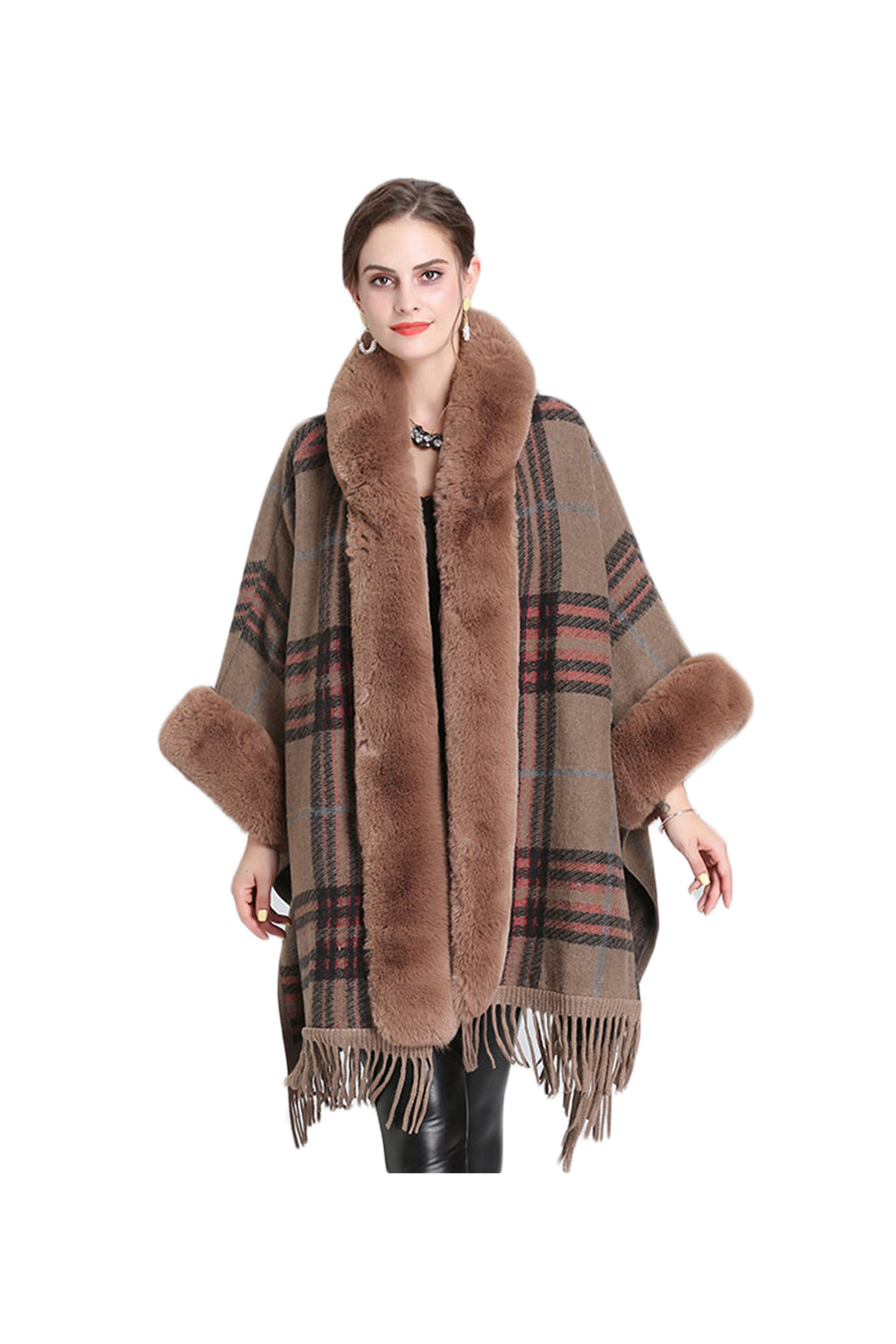 Fur Collar Check Hooded Cape S0140