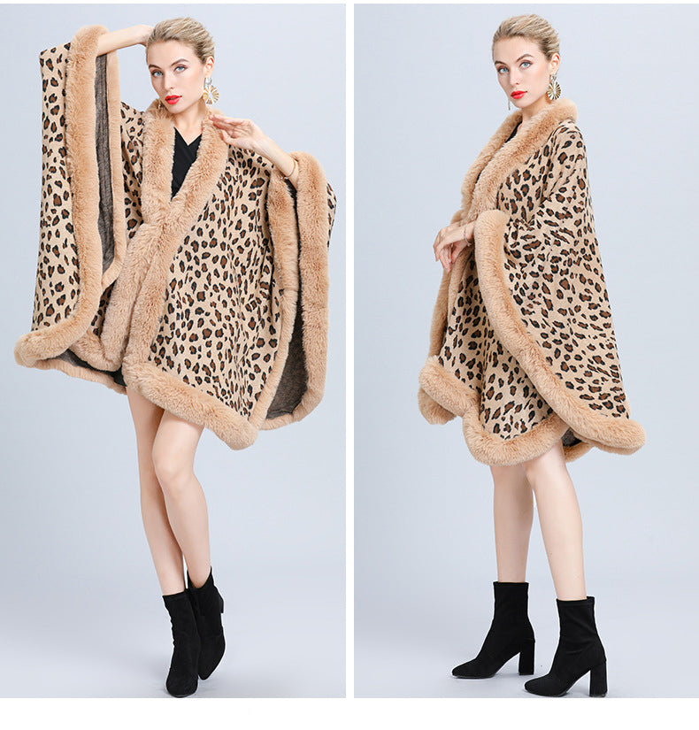 Animal Print Fur Collar Check Cape S0141