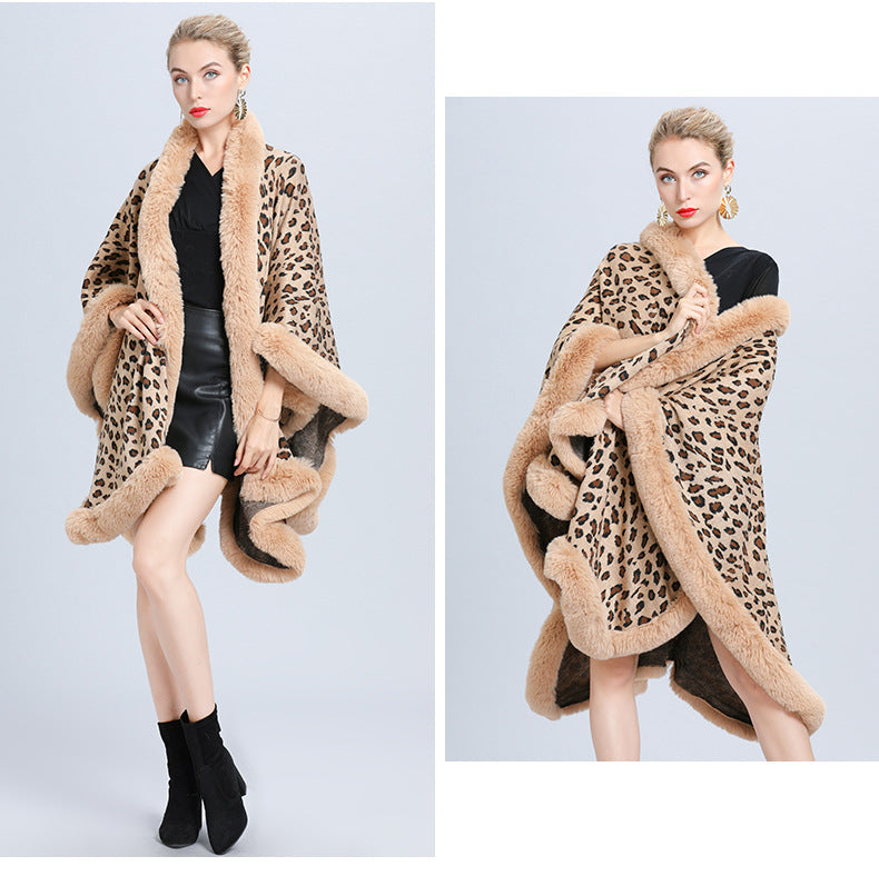 Animal Print Fur Collar Check Cape S0141