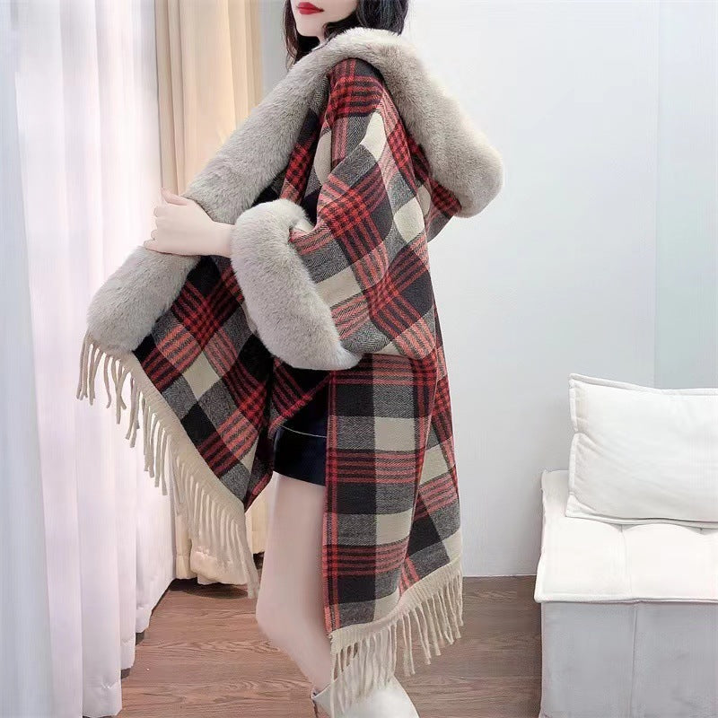 Plaid Plush Hooded Cape S0194