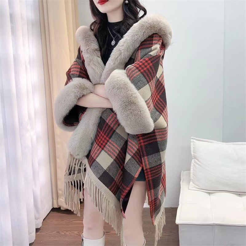 Plaid Plush Hooded Cape S0194