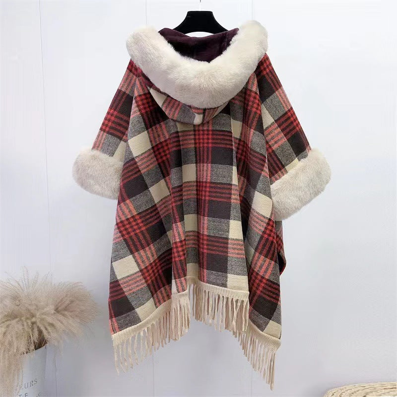 Plaid Plush Hooded Cape S0194