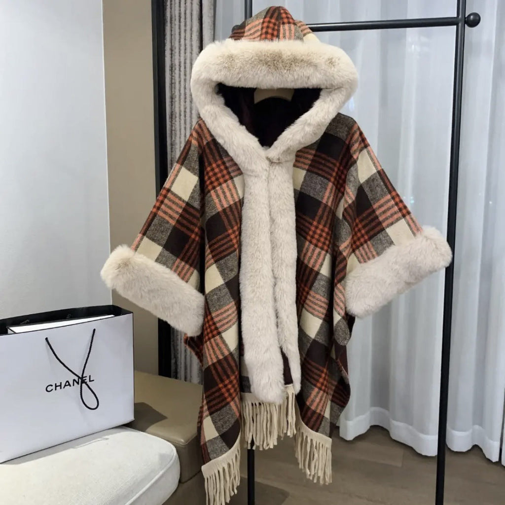Plaid Plush Hooded Cape S0194