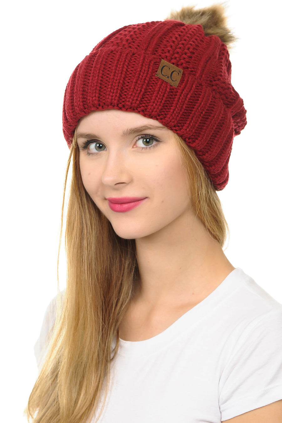 C.C YJ820 - Thick Cable Knit Hat Faux Fur Pom Pom Fleece Lined Skull Cap Cuff Beanie YJ820