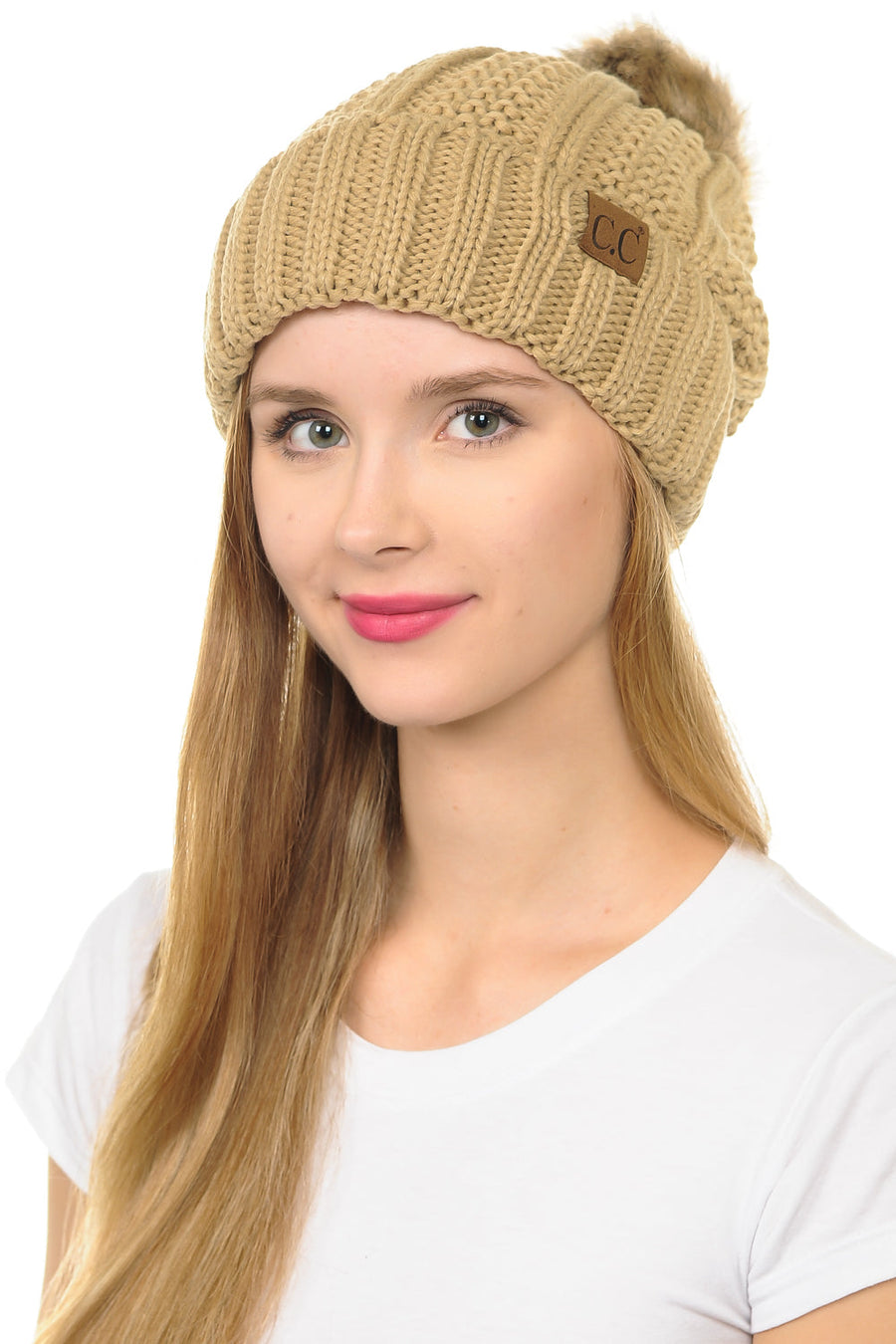C.C YJ820 - Thick Cable Knit Hat Faux Fur Pom Pom Fleece Lined Skull Cap Cuff Beanie YJ820