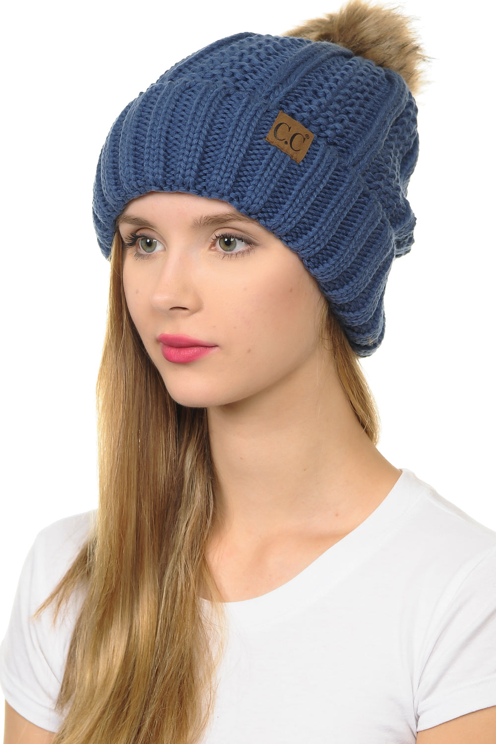 C.C YJ820 - Thick Cable Knit Hat Faux Fur Pom Pom Fleece Lined Skull Cap Cuff Beanie YJ820