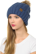 C.C YJ820 - Thick Cable Knit Hat Faux Fur Pom Pom Fleece Lined Skull Cap Cuff Beanie YJ820