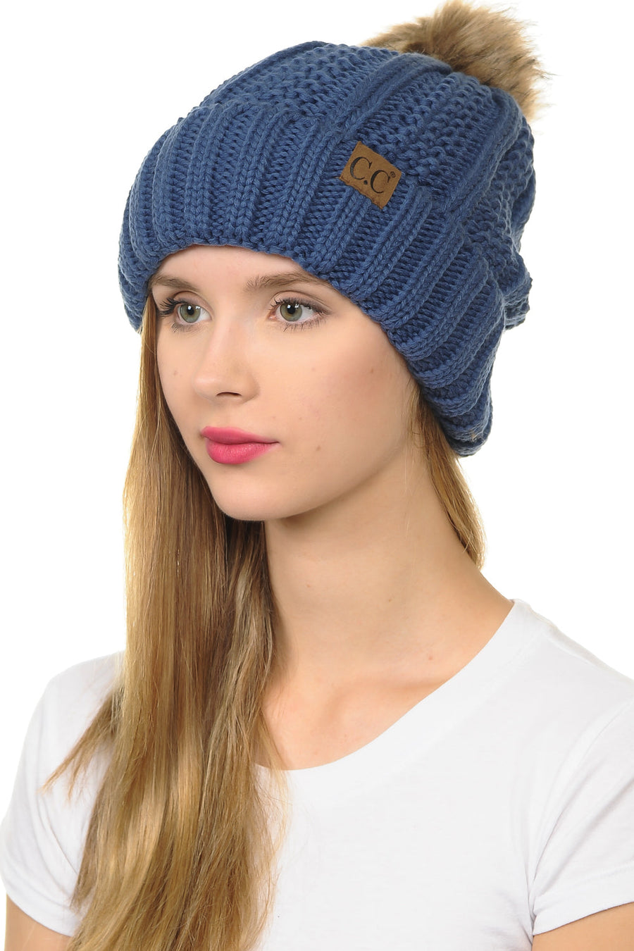 C.C YJ820 - Thick Cable Knit Hat Faux Fur Pom Pom Fleece Lined Skull Cap Cuff Beanie YJ820