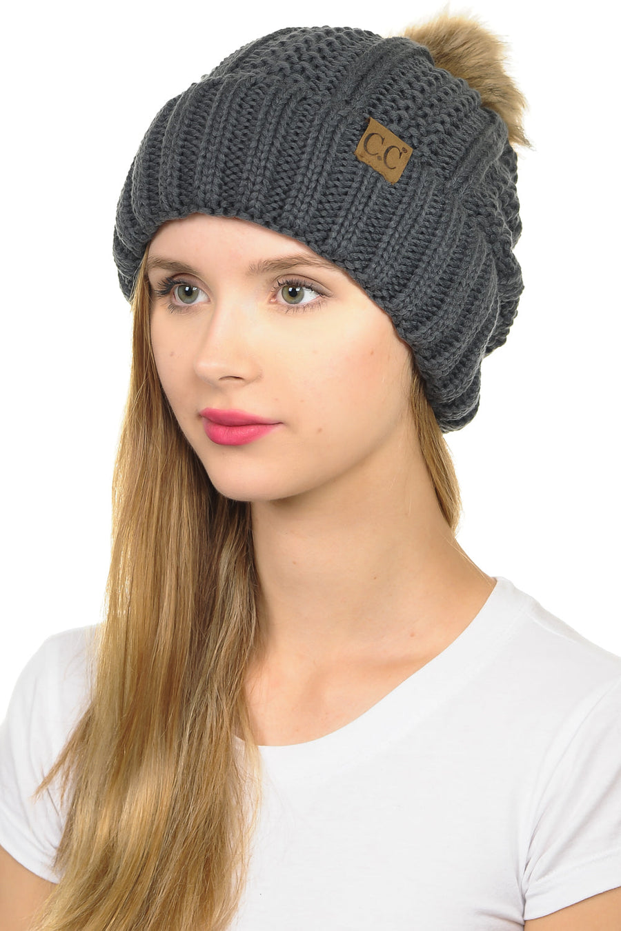 C.C YJ820 - Thick Cable Knit Hat Faux Fur Pom Pom Fleece Lined Skull Cap Cuff Beanie YJ820