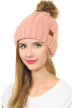 C.C YJ820 - Thick Cable Knit Hat Faux Fur Pom Pom Fleece Lined Skull Cap Cuff Beanie YJ820